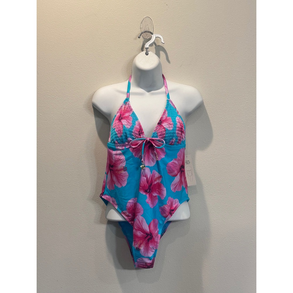 No Boundaries Womens Medium Hibiscus Floral Cheeky High Leg One Piece Swimsuit